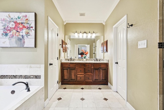 full bathroom with double vanity, crown molding, a sink, and a bath