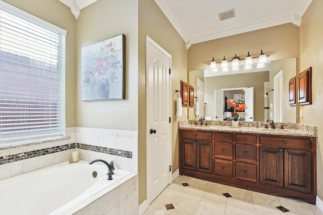 bathroom featuring double vanity, visible vents, ornamental molding, a sink, and a bath