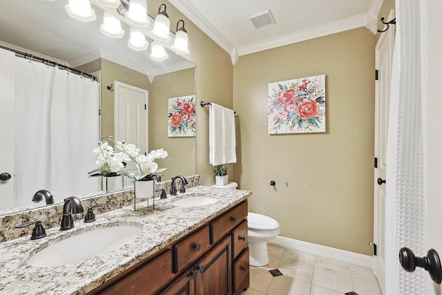 full bathroom featuring baseboards, crown molding, visible vents, and a sink