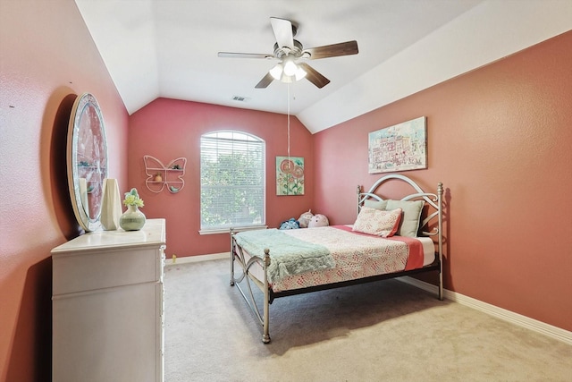 bedroom with lofted ceiling, carpet, a ceiling fan, and baseboards