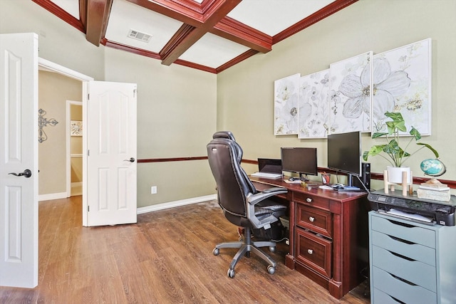 office featuring coffered ceiling, wood finished floors, visible vents, and baseboards