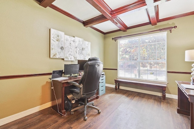 office with beam ceiling, coffered ceiling, baseboards, and wood finished floors