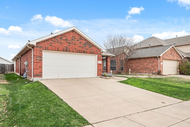 ranch-style house with a garage, driveway, brick siding, and a front lawn