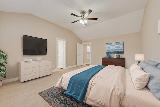 5040 Hollow Ridge Rd, Dallas, TX 75227 - bedroom featuring light colored carpet, ceiling fan, lofted ceiling, and baseboards