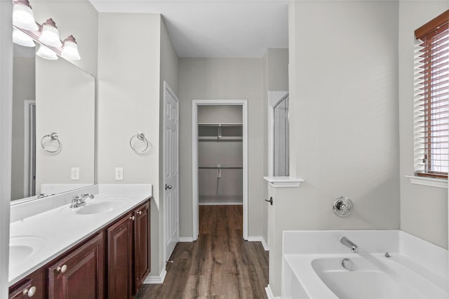 full bathroom with a garden tub, plenty of natural light, a walk in closet, and a sink