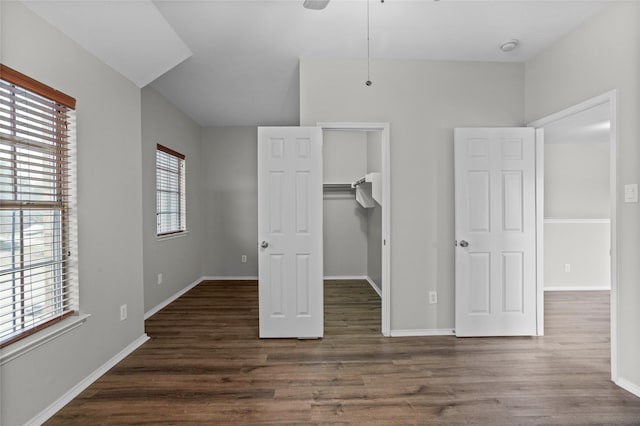 unfurnished bedroom featuring dark wood-style floors, a spacious closet, and baseboards