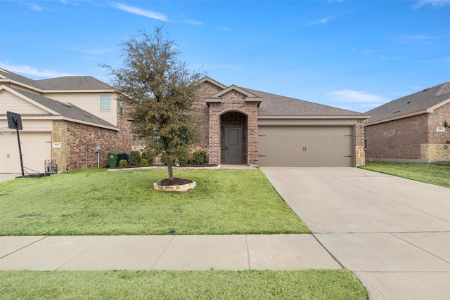 view of front of home featuring an attached garage, brick siding, driveway, roof with shingles, and a front lawn