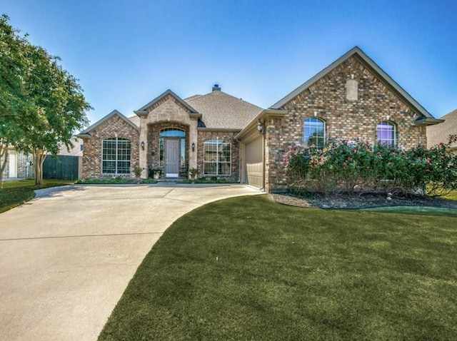 view of front of property with a garage, driveway, brick siding, and a front yard