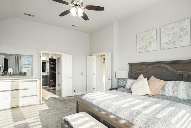 bedroom featuring high vaulted ceiling, carpet, visible vents, and baseboards