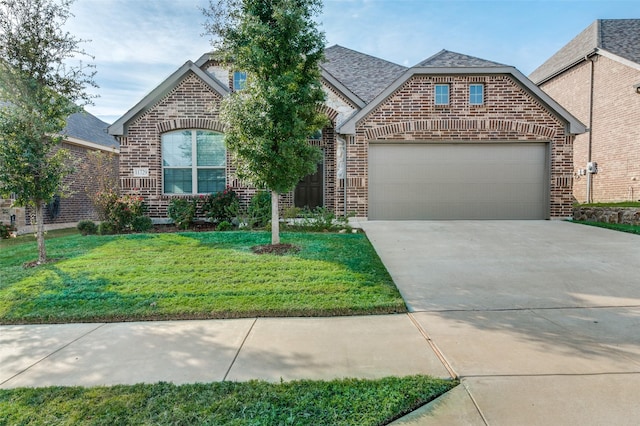 view of front of property featuring driveway, a shingled roof, an attached garage, a front lawn, and brick siding