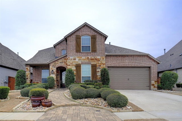 view of front of property featuring a garage, concrete driveway, and brick siding