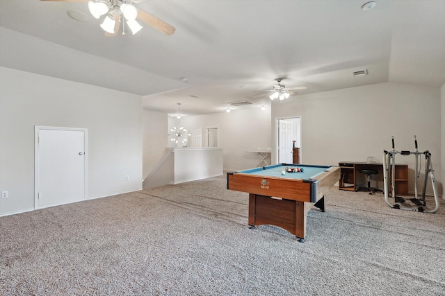 rec room featuring light carpet, ceiling fan, visible vents, and lofted ceiling