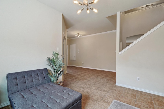 sitting room with crown molding, a notable chandelier, baseboards, and stairs