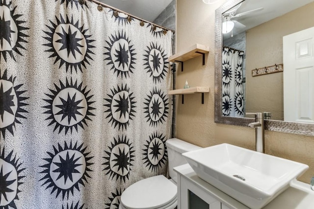 bathroom featuring a textured wall, vanity, and toilet