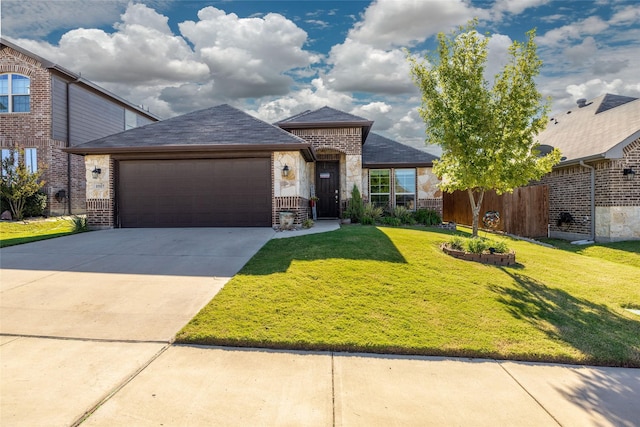 view of front of property featuring a garage, concrete driveway, stone siding, fence, and a front lawn