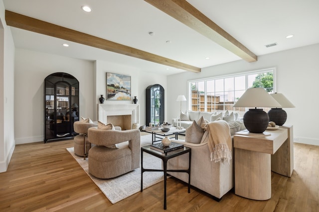 9514 Still Creek Ln, Dallas, TX 75238 - living room with beamed ceiling, light wood-style floors, baseboards, a fireplace, and recessed lighting