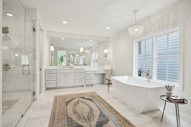 9514 Still Creek Ln, Dallas, TX 75238 - full bath with a chandelier, vanity, a shower stall, a freestanding bath, and recessed lighting
