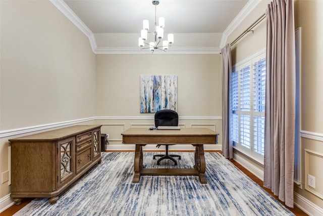 office with a chandelier, a wainscoted wall, wood finished floors, and crown molding