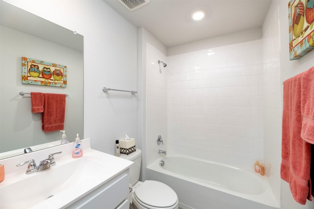 full bath featuring toilet, shower / washtub combination, visible vents, and vanity