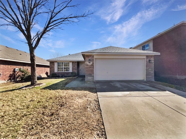 ranch-style house with an attached garage, driveway, a front yard, and brick siding