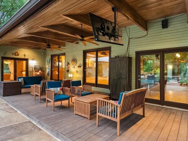 5114 Westhaven Rd, Arlington, TX 76017 - wooden deck featuring an outdoor living space and a ceiling fan