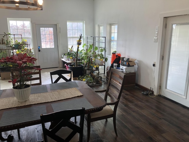 dining space with baseboards, dark wood finished floors, and a healthy amount of sunlight