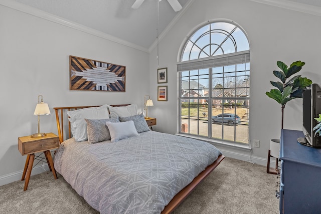 carpeted bedroom featuring vaulted ceiling, multiple windows, and crown molding