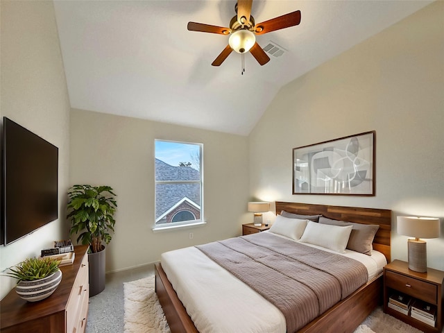 bedroom featuring baseboards, visible vents, a ceiling fan, light colored carpet, and lofted ceiling