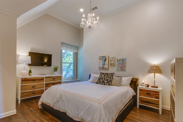 bedroom with high vaulted ceiling, visible vents, baseboards, ornamental molding, and dark wood-style floors