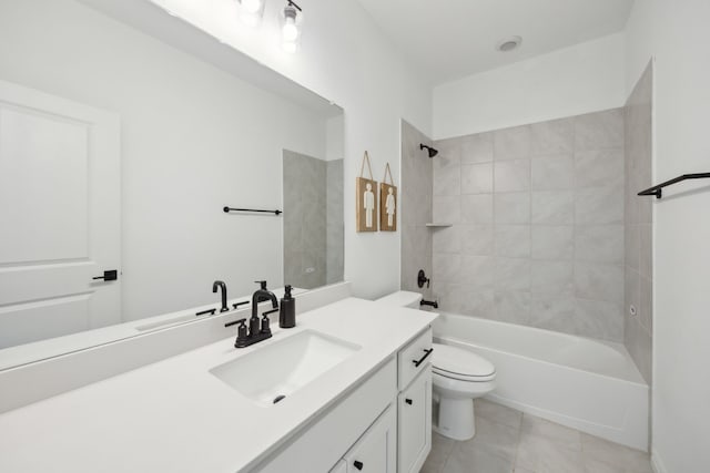 full bathroom featuring toilet, tile patterned floors, vanity, and shower / bathtub combination