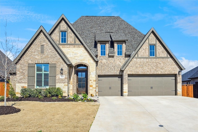 view of front of house featuring a garage, driveway, a shingled roof, and brick siding