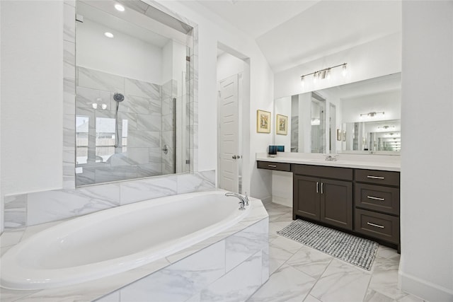 full bath featuring marble finish floor, vanity, a marble finish shower, and a bath