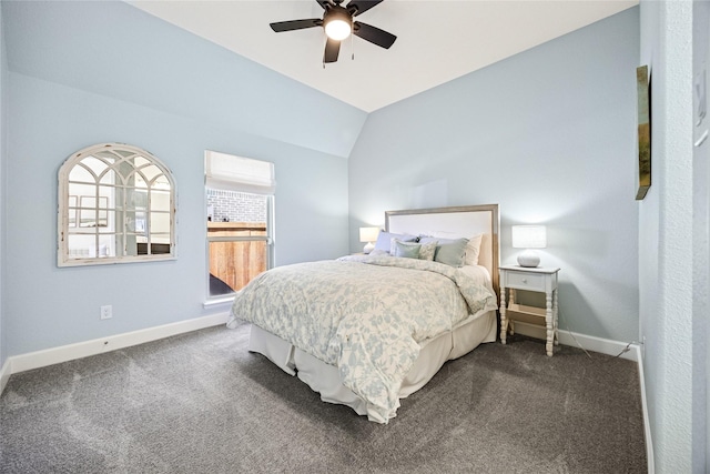 bedroom featuring lofted ceiling, ceiling fan, baseboards, and carpet flooring