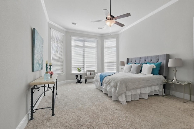 bedroom featuring ornamental molding, carpet flooring, visible vents, and baseboards