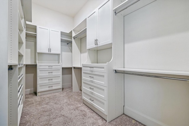 walk in closet with light carpet