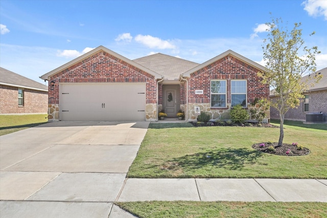 1209 Willowbend Way, Josephine, TX 75189 - view of front of home with an attached garage, brick siding, a front yard, driveway, and stone siding
