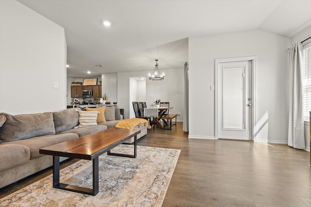 1209 Willowbend Way, Josephine, TX 75189 - living room with a chandelier, wood finished floors, recessed lighting, and vaulted ceiling