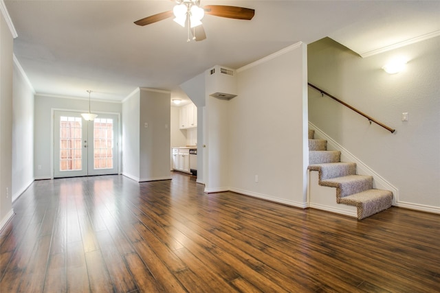 4039 Cole Ave Unit 104, Dallas, TX 75204 - unfurnished living room with crown molding, dark wood finished floors, ceiling fan, baseboards, and french doors