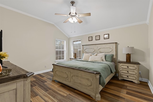 bedroom with dark wood-style floors, baseboards, and lofted ceiling