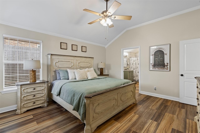 bedroom featuring dark wood-style floors, baseboards, ceiling fan, ornamental molding, and vaulted ceiling