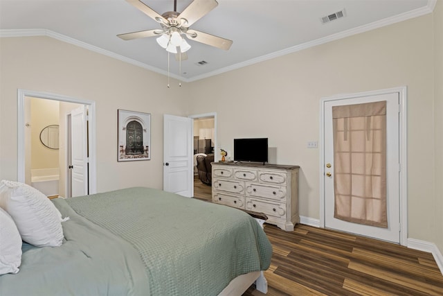 bedroom with visible vents, crown molding, dark wood-type flooring, and baseboards