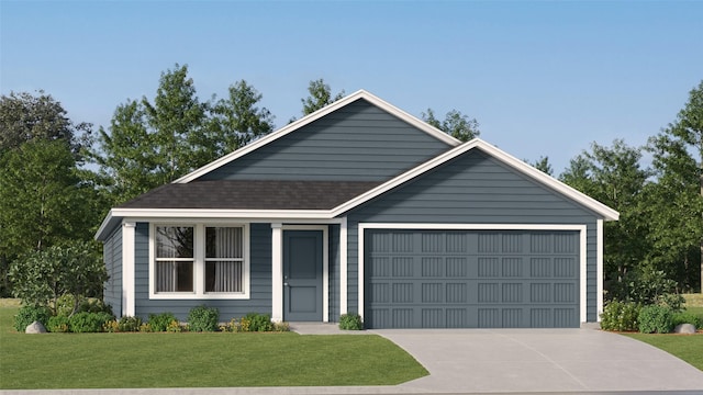 view of front facade featuring driveway, a front lawn, an attached garage, and a shingled roof