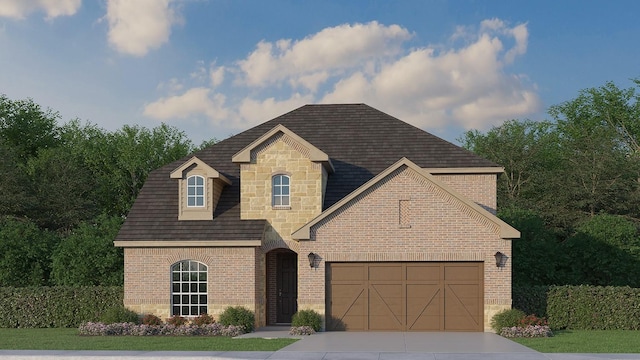 view of front of home featuring a garage, concrete driveway, brick siding, and stone siding