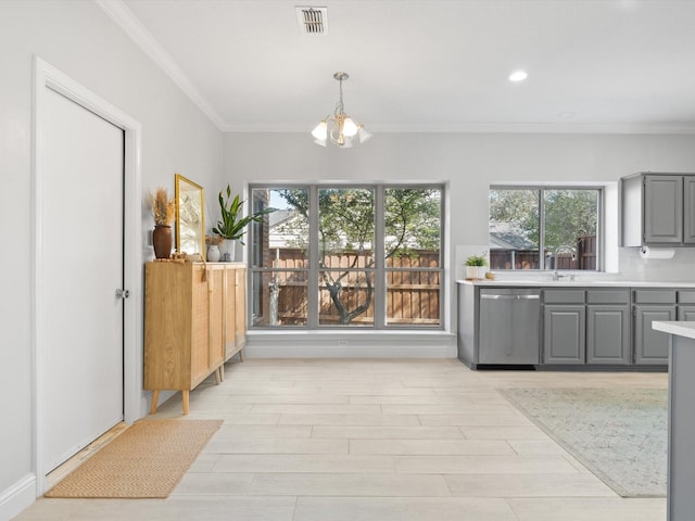 interior space featuring visible vents, recessed lighting, light wood-style floors, an inviting chandelier, and crown molding