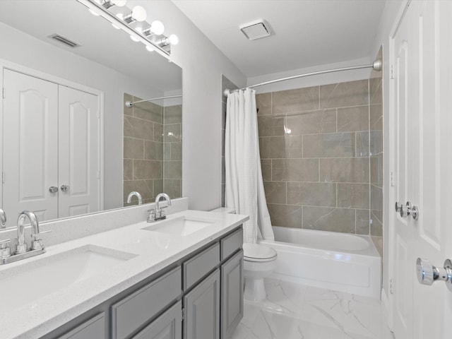 full bath featuring a sink, visible vents, shower / bathtub combination with curtain, and marble finish floor