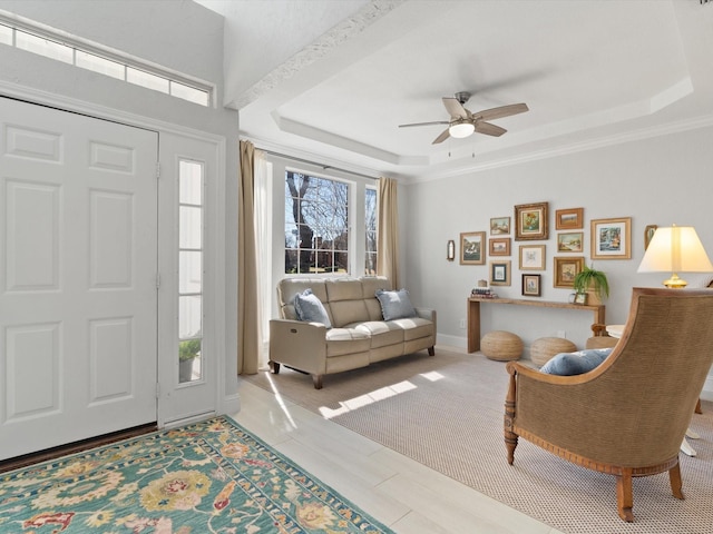 foyer entrance with a raised ceiling, a ceiling fan, and baseboards