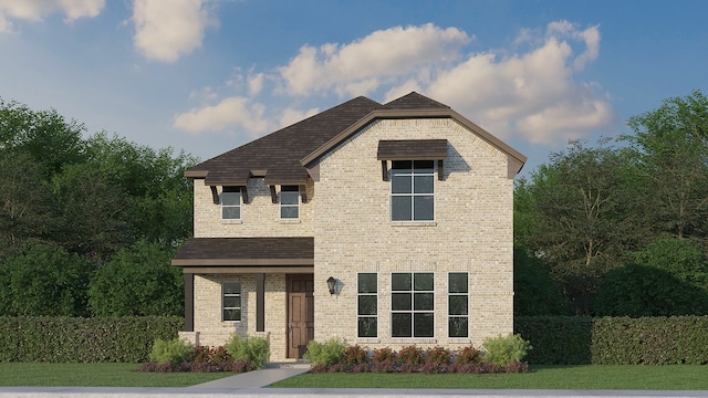 view of front of house with a front lawn and brick siding