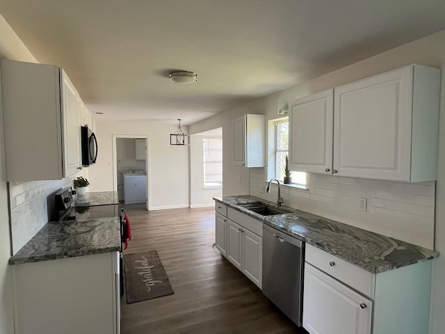 kitchen featuring a sink, white cabinetry, dark wood-style flooring, dishwasher, and black microwave