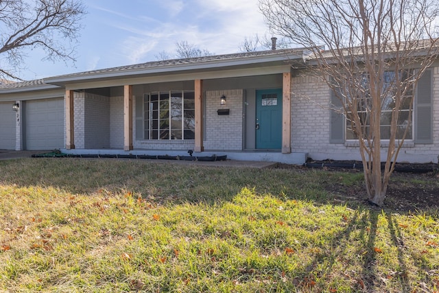 ranch-style home with covered porch, brick siding, an attached garage, and concrete driveway
