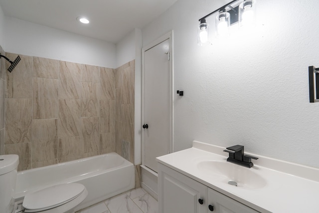 full bath featuring toilet,  shower combination, marble finish floor, vanity, and recessed lighting